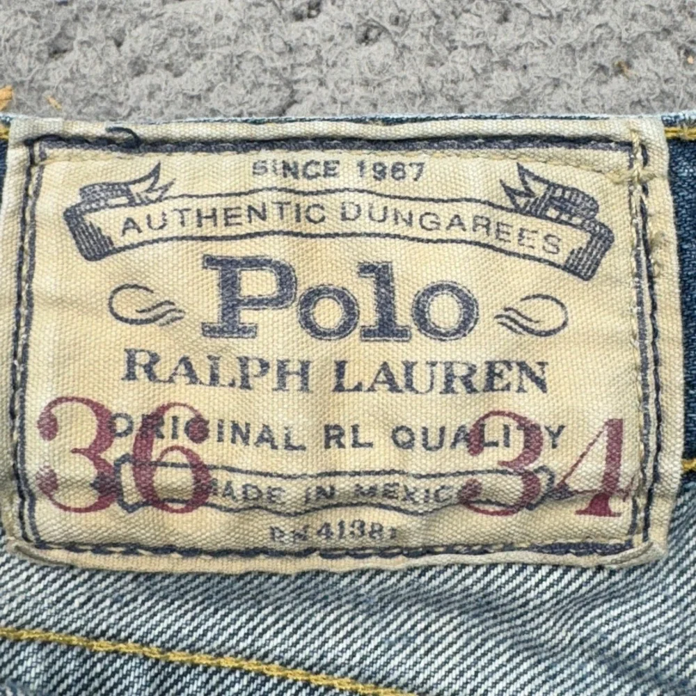 Polo Ralph Lauren Jeans Mens 36x32 Blue Distressed Straight Leg RL Logo Denim